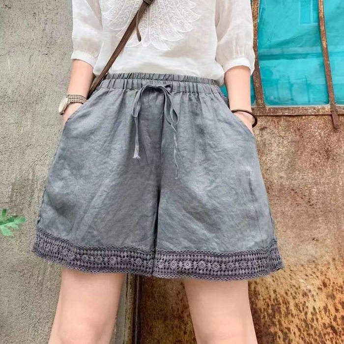 复古风蕾丝拼接亚麻短裤女松紧腰宽松休闲三分裤夏季