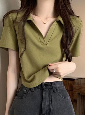 绿色polo短袖t恤女2023夏韩版修身V领纯色打底圆弧下摆领上衣