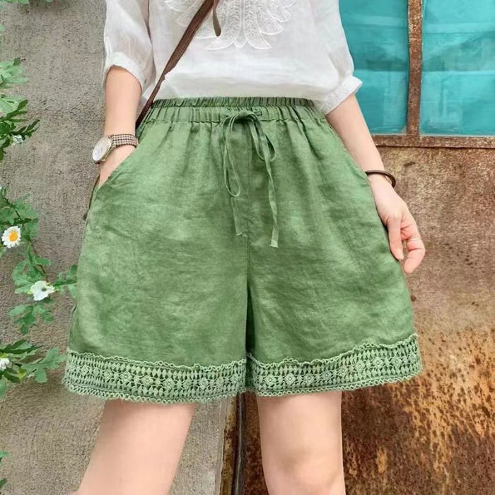 通勤风棉麻休闲裤女蕾丝拼接直筒短裤松紧腰宽松三分裤