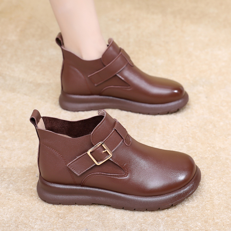 真皮平底短靴休闲软底圆头妈妈鞋