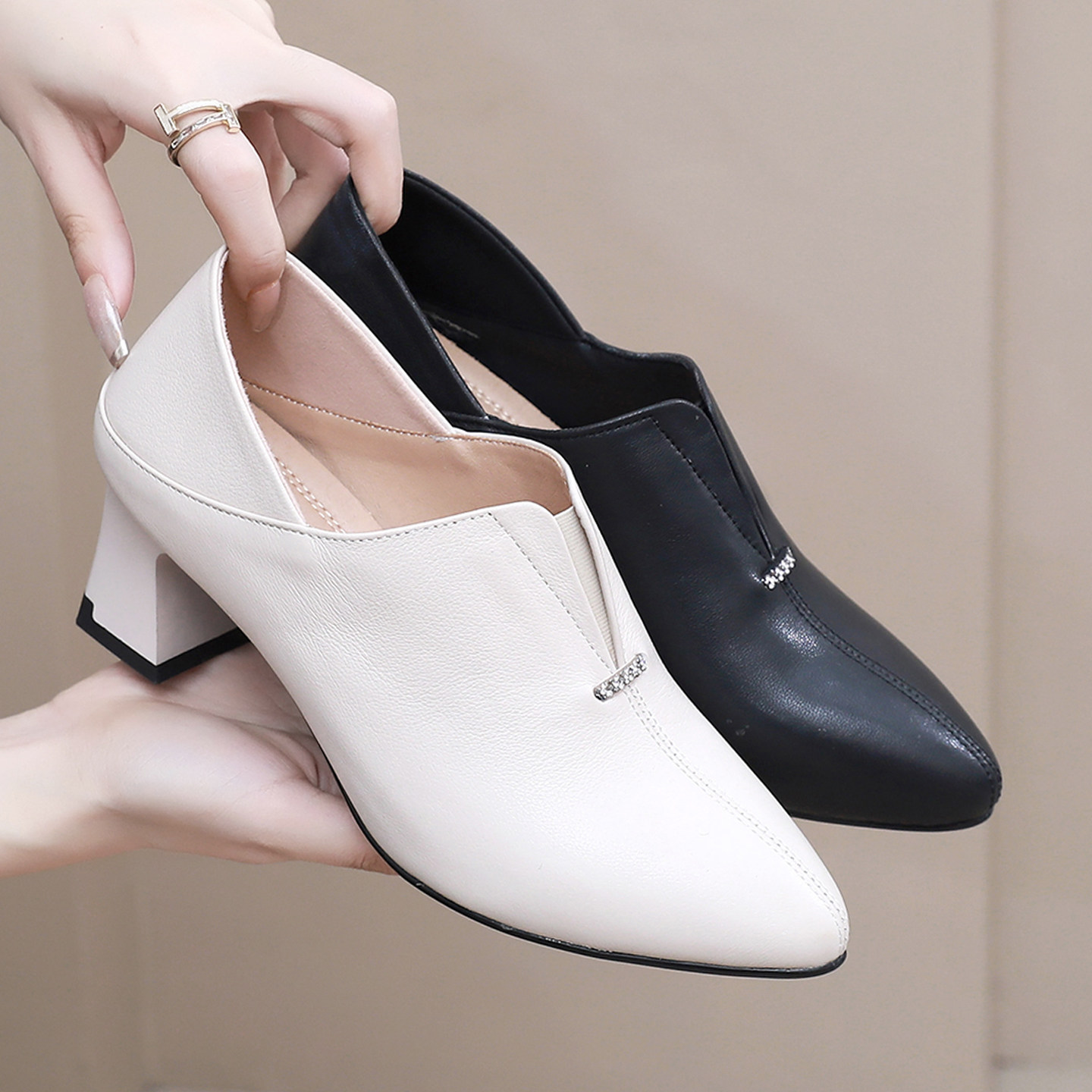 真皮粗跟单鞋春秋时尚尖头工作鞋小码3233女鞋两穿软底深口小皮鞋,女鞋,深口单鞋,淘宝优惠券,粉丝福利购,淘宝优惠卷