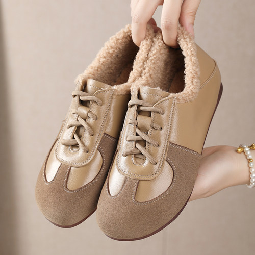 真皮加绒毛毛女鞋平底深口妈妈鞋