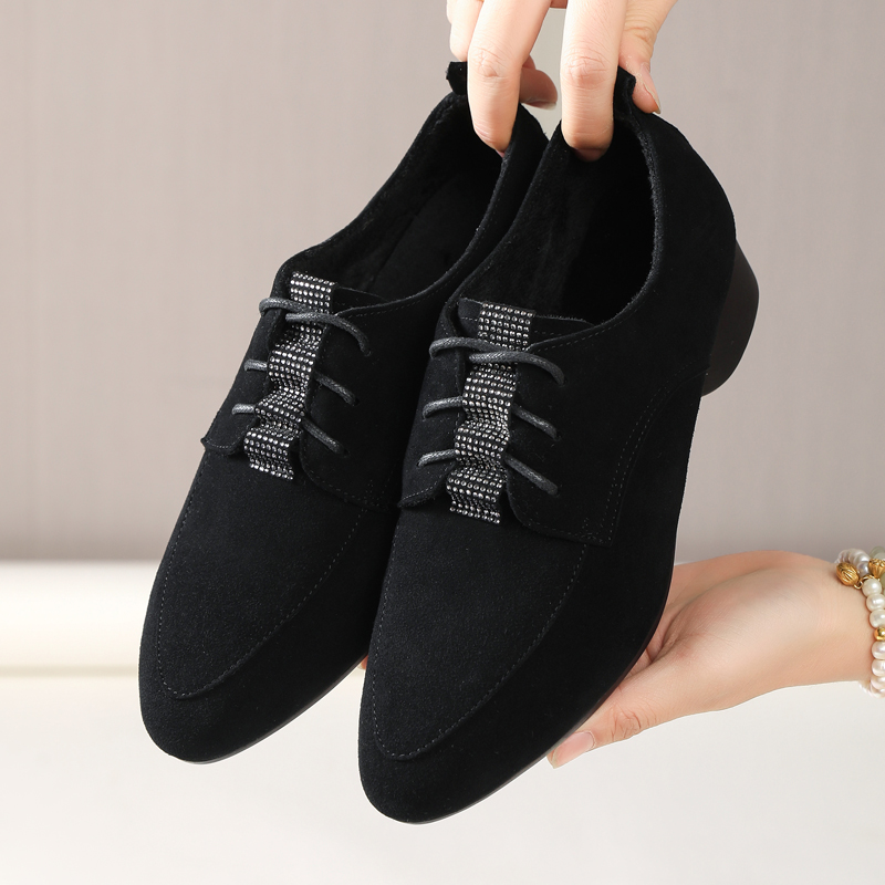 全羊皮加绒毛毛鞋系带英伦风女鞋