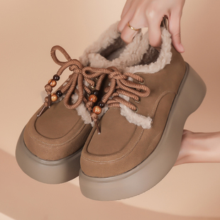 真皮厚底毛毛女鞋2025冬季英伦风乐福鞋大码加绒皮鞋系带保暖棉鞋