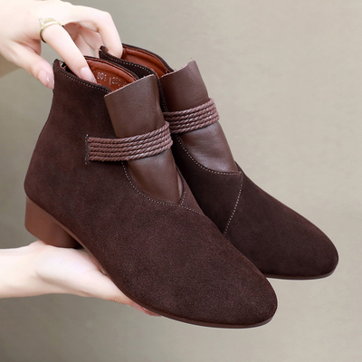 全真皮粗跟短靴软底软面磨砂女靴