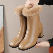 方头保暖加绒棉鞋 全真皮兔毛短靴冬季 百搭粗跟女靴软底气质高跟鞋