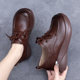 松糕底不累脚深口皮鞋 真皮厚底单鞋 女鞋 大码 春秋英伦风系带妈妈鞋
