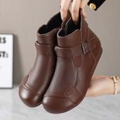 女靴中老年软皮防滑加绒棉鞋 真皮平底短靴秋冬复古软底妈妈鞋 大码