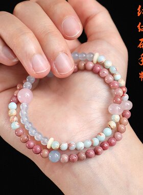 山姆进口红纹石蓝玉髓手链女小众感太阳石天青玛瑙黑檀木手串首饰