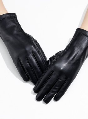 进口 真皮手套女羊皮手套士黑色柳条骑行保暖全指触屏手套