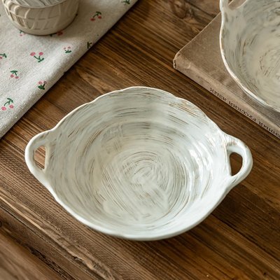 进口做旧感手绘陶瓷双耳碗复古餐具粗陶碗家用手提碗餐厅面碗菜碗