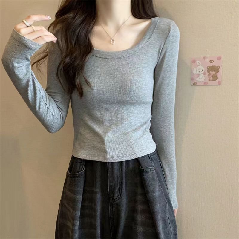 进口白色纯棉t恤女方领正肩短款秋设计感不规则下摆辣妹紧身长袖