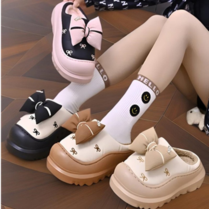 胖I东来2025新款秋冬季甜美蝴蝶结棉拖鞋女室内外穿加绒保暖厚底