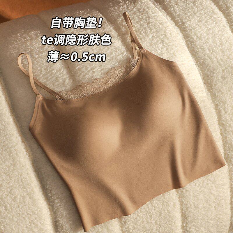 韩国进口原版蕾丝粉底液带胸垫吊带背心女一体式内搭外穿美背上衣