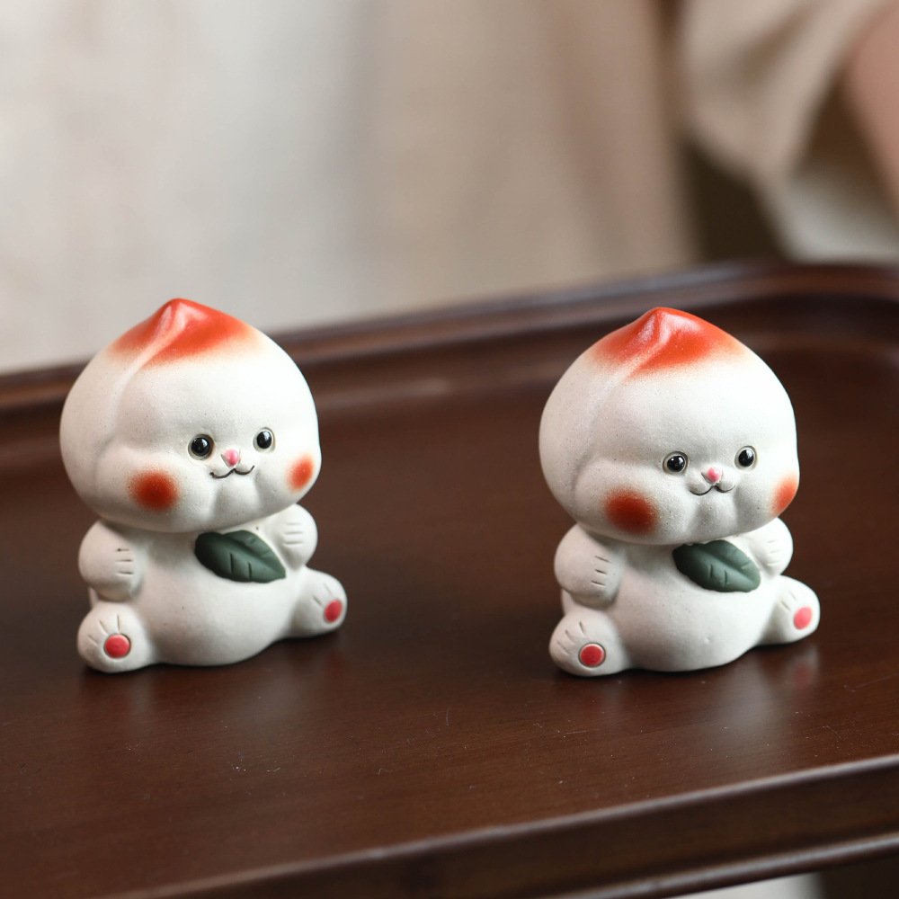 进口宜兴紫砂茶宠熊摆件动物水果寿桃娃熊猫茶玩茶具周边茶道配件