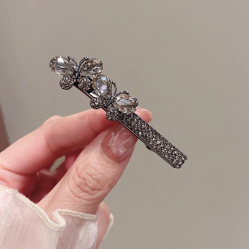 进口韩国气质黑色蝴蝶水钻鸭嘴夹少女边夹顶夹发卡闪钻一字刘海发