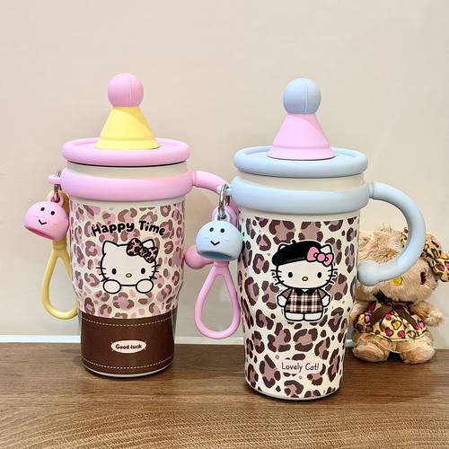 进口2025新款豹纹KT猫水杯316不锈钢高颜值吸管女生大容量手柄保