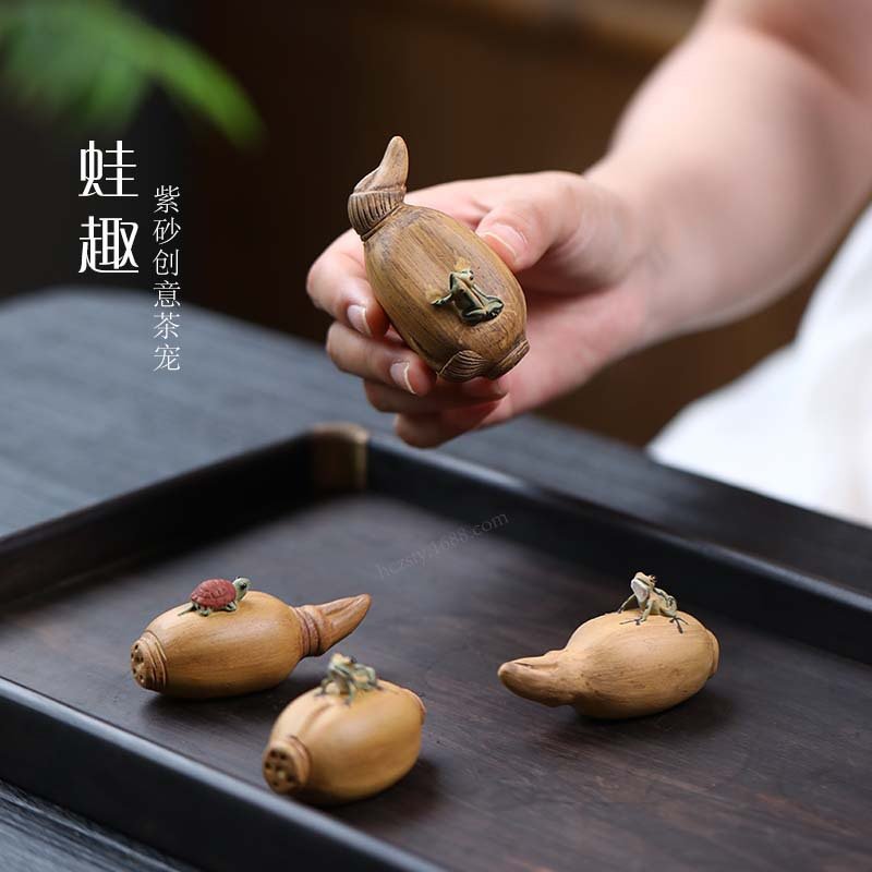 正版宜兴紫砂茶宠青蛙莲藕仿生摆件创意手工乌龟茶具茶玩陶瓷可养