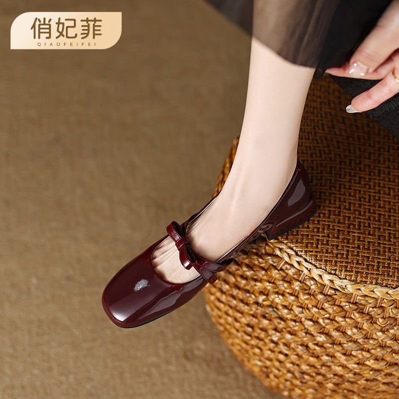 胖东来俏妃原创巨可爱~软皮圆头蝴蝶结单鞋漆皮粗跟高跟鞋玛丽珍