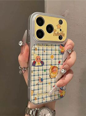 格纹星星人适用iphone16promax苹果17手机壳电镀视窗贴皮革手机