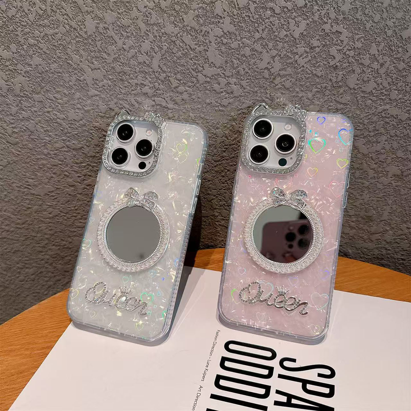 贝壳纹镭射爱心苹果17pro max手机壳批发 适用iPhone 14 13 16 11 12 15 plus男补妆全包女镜子新款保护