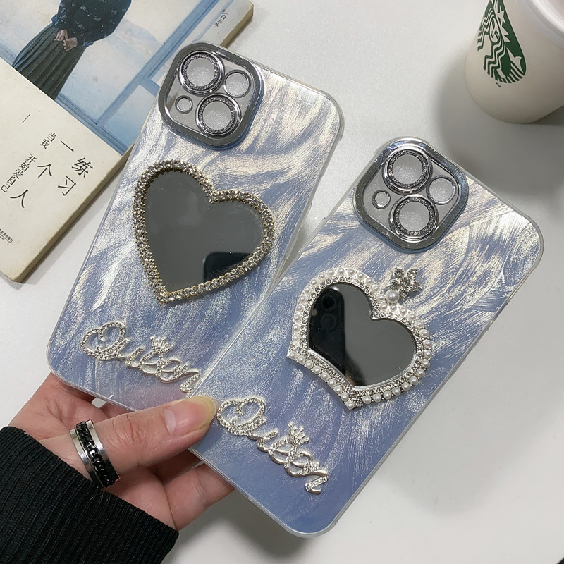 羽纱水钻爱心皇冠镜子苹果17pro max手机壳批发 适用iPhone 11 15 13 14 XS XR 12 16 plus带钻新款男全包防