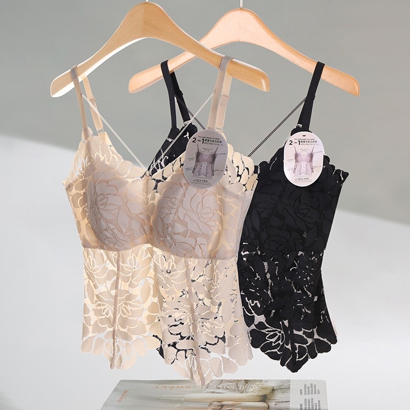 蕾丝美背内衣女薄款大胸显小防下垂聚拢露背吊带一体式带胸垫背心