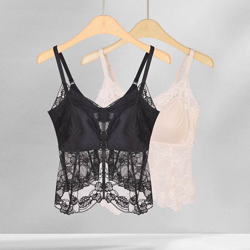 美奈川新中式桑蚕丝杯里美背吊带女免穿文胸蕾丝性感内搭缎面上衣