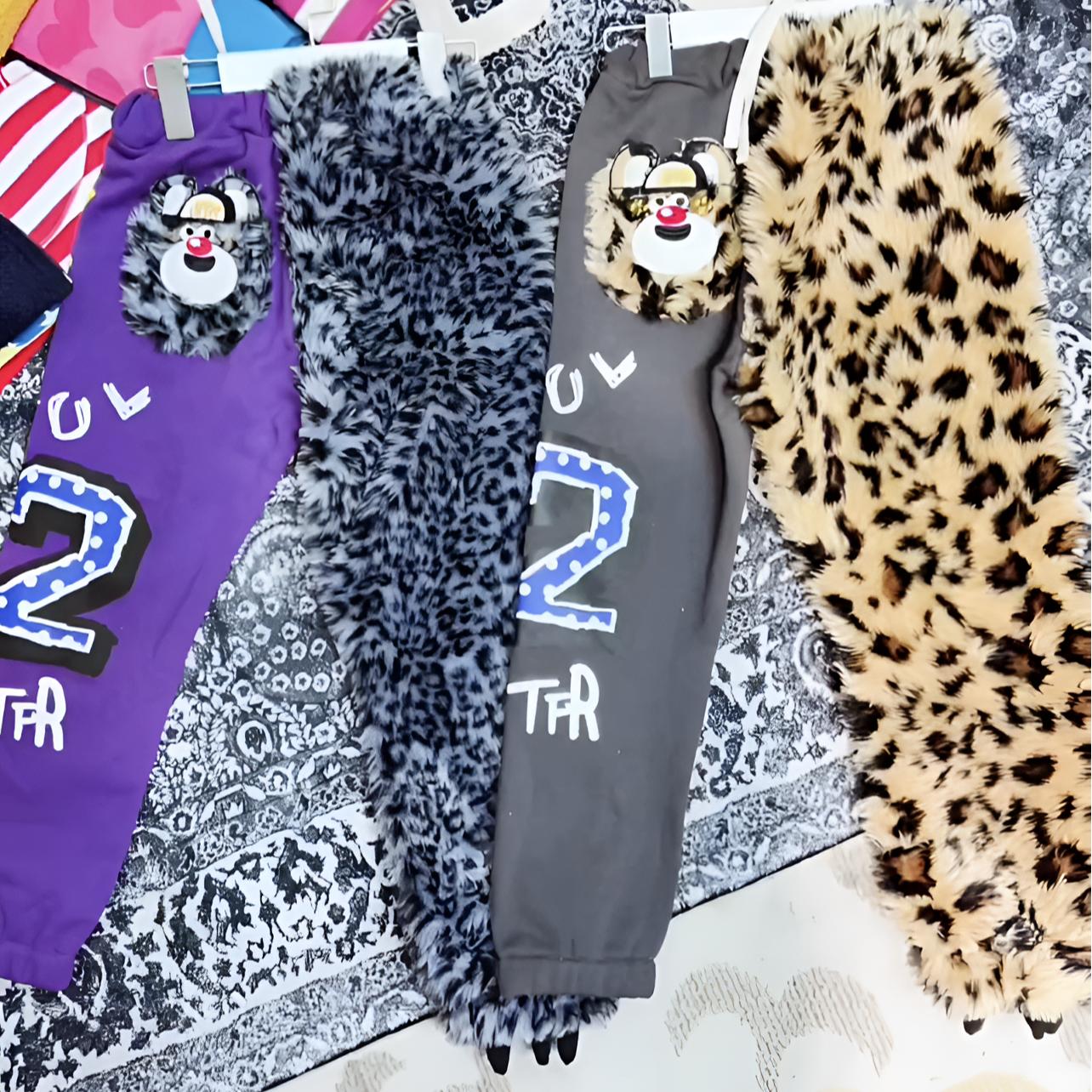 小熊蓝色日系潮牌印花加绒裤