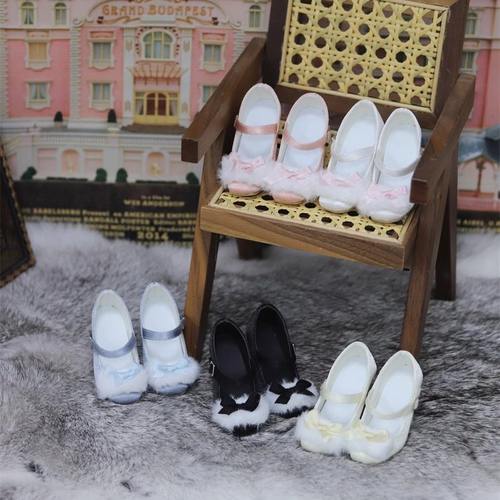 娃鞋，毛绒蝴蝶结高跟鞋