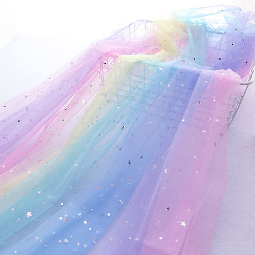 化纤简约彩虹渐变网纱布星月纱