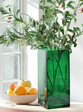 加厚绿色方形玻璃花瓶大号富贵竹水培插花方缸高级感婚礼客厅摆件