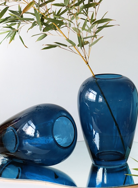 新中式蓝色玻璃花瓶轻奢水培富贵竹插花花瓶高级感客厅餐厅装饰品