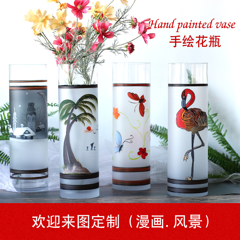 创意中式手绘玻璃花瓶水培富贵竹花瓶客厅家居装饰可定制手工花瓶