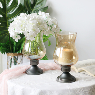 法式轻奢高脚风灯花瓶干花仿真花铁艺玻璃晚餐道具软装防风蜡烛台