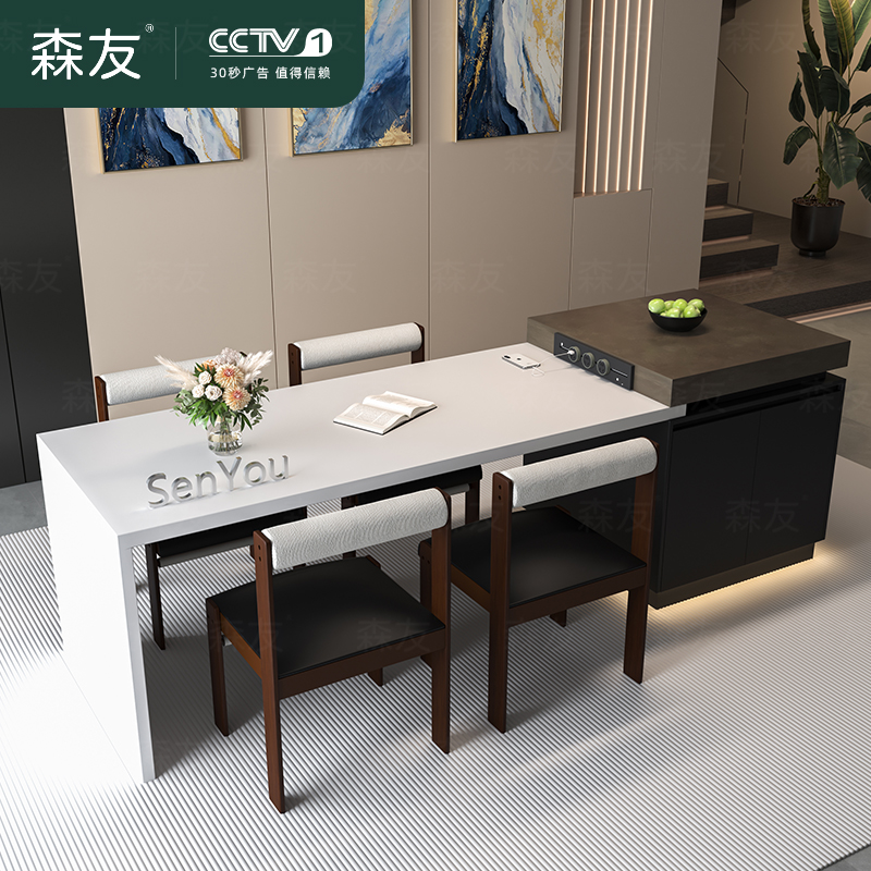 意式轻奢岩板餐桌家用现代简约高级感可伸缩折叠餐桌椅组合