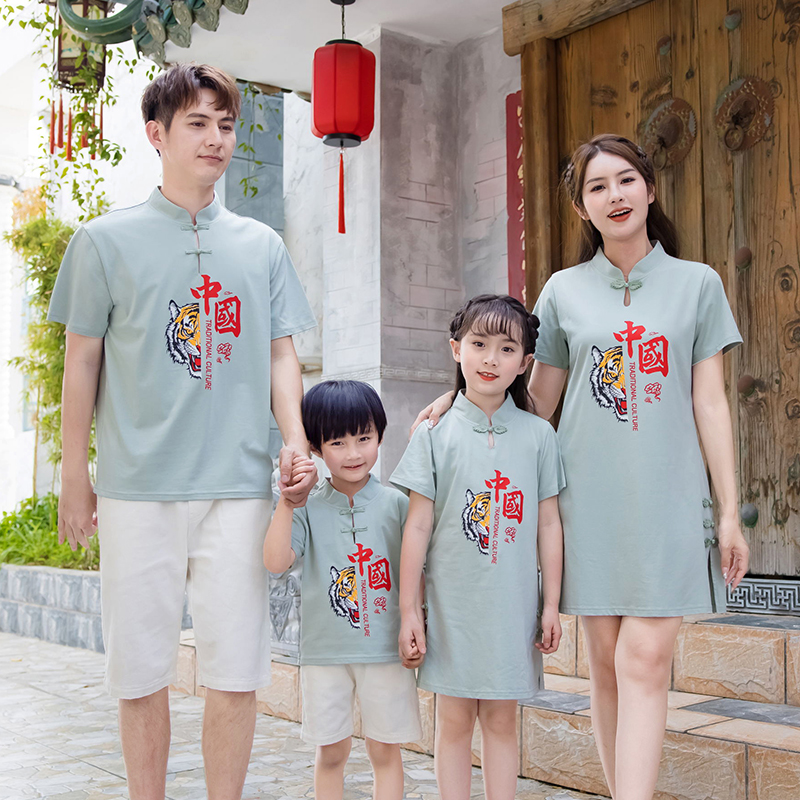 中国风亲子装夏装2025新款一家三口短袖汉服套装时尚母女连衣裙