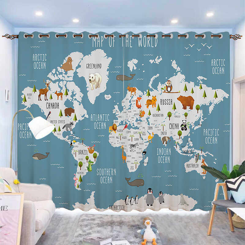 定制创意卡通地图儿童房窗帘男孩卧室书房遮光帘学校教室早教中心