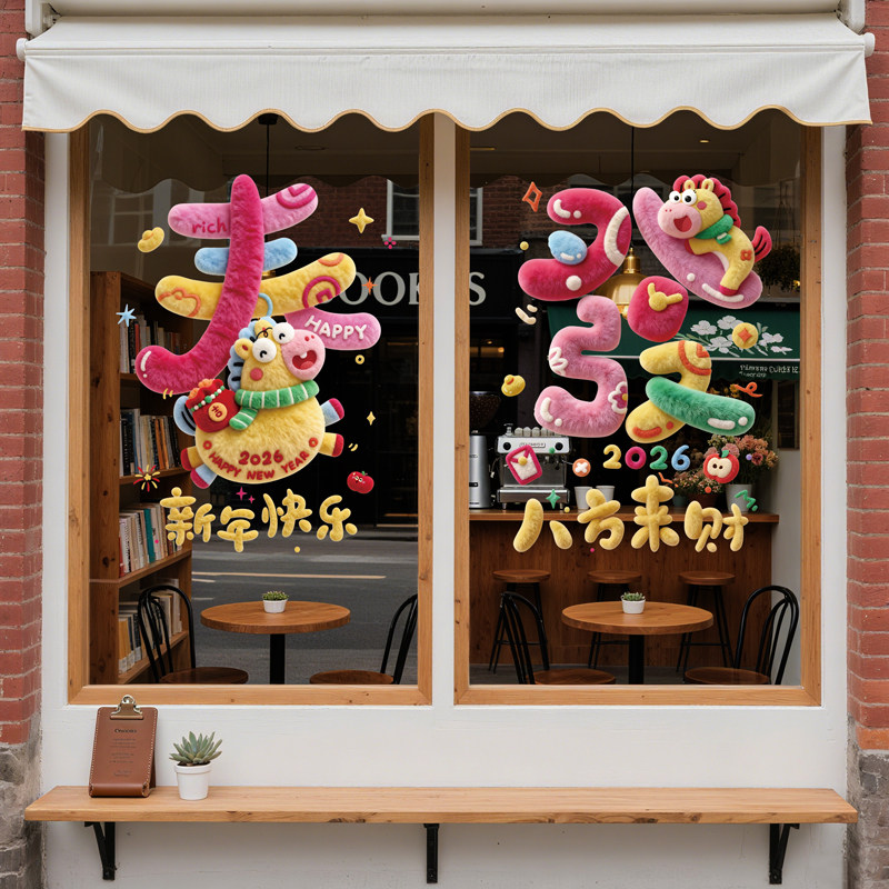 2026新年可爱5D小马毛绒质感装饰静电贴纸橱窗玻璃门贴画马年布置,节庆用品/礼品,节日装扮用品,淘宝优惠券,粉丝福利购,淘宝优惠卷