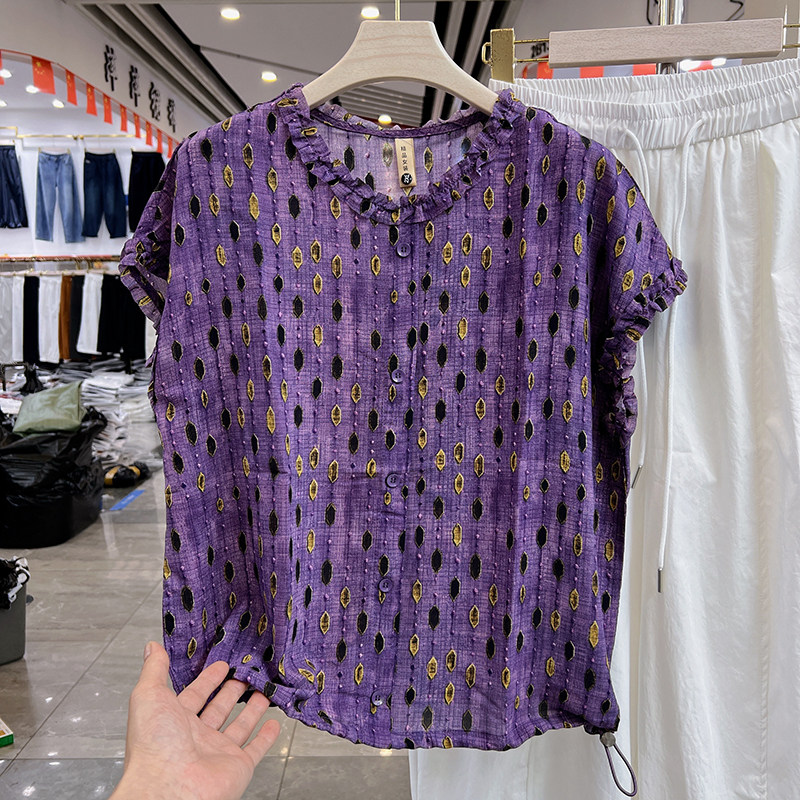 四季青妈妈装木耳边短袖衬衫女夏新款宽松设计感遮肚紫色印花上衣