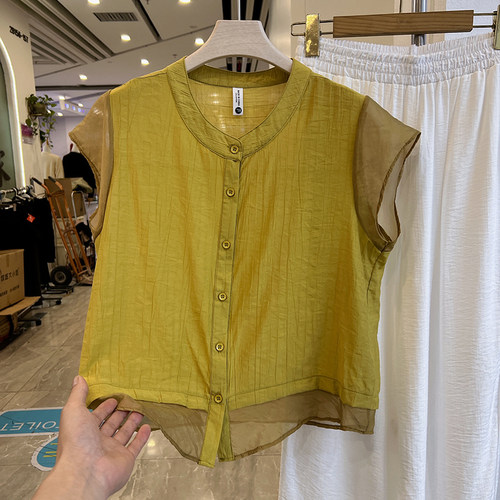 四季青妈妈装拼接圆领短袖衬衫