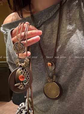 波西米亚异域民族风吊坠项链复古设计感小众木头秋冬毛衣链锁骨链