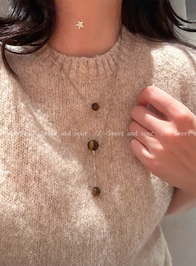 圆珠虎眼石吊坠项链女秋冬小众设计感双层简约毛衣锁骨链2025新款