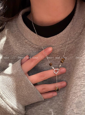 设计感虎眼石抽拉项链长款毛衣链2025新款气质轻奢高级感锁骨链潮