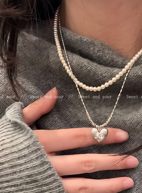 法式复古双层爱心珍珠项链女秋冬叠戴小众高级感毛衣链气质锁骨链