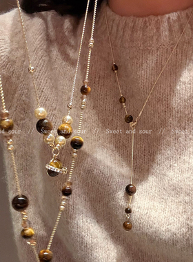 复古美拉德虎眼石项链轻奢气质高级设计感锁骨链小众独特毛衣链潮