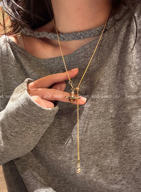 美拉德复古星球项链轻奢小众抽拉设计感高级虎眼毛衣链卫衣锁骨链