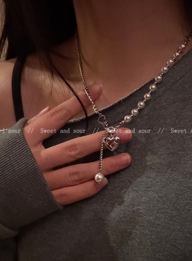 甜酷小众ins风辣妹爱心珍珠拼接项链冷淡心形锁骨链秋冬毛衣链潮