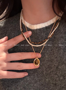 秋冬复古虎眼石项链高级感轻奢小众设计卫衣链配饰百搭新款毛衣链