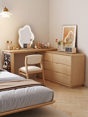 原木风梳妆台收纳柜一体卧室现代简约床尾斗柜伸缩转角化妆桌实木